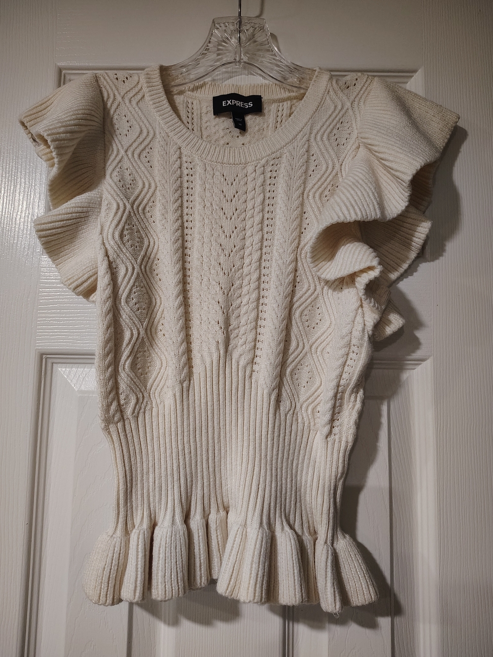 Express Women's Cream Ruffle Sleeve Knit Sweater